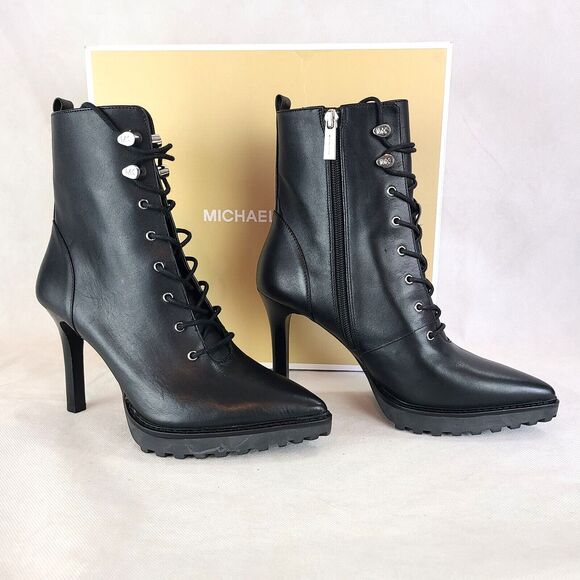 New MICHAEL KORS Women's (7.5M) Black Kyle Leather Lace Up Heel Ankle Boots $225 - Picture 1 of 10